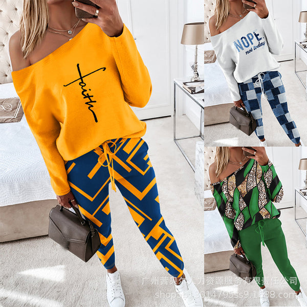YS2455TA9 series European and American contrasting color sloping shoulder casual set 2-piece set