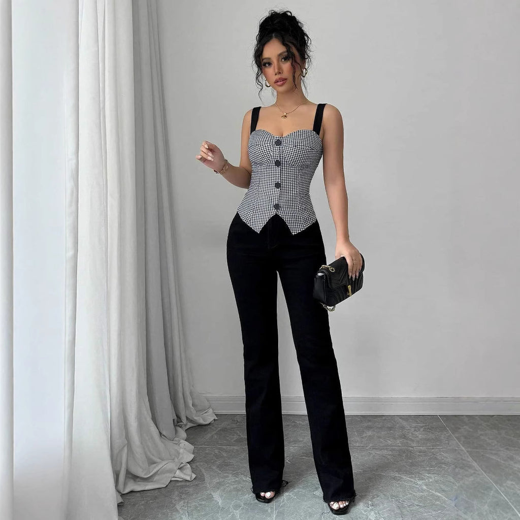 elegant slim-fit cardigan European and American  thousand-bird grid pattern single-breasted vest for women