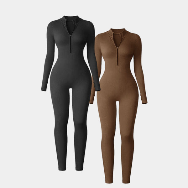 popular thick-threaded sports jumpsuit women's zipper thumb hole tight long-sleeved stand-up collar yoga clothes Europe and America