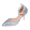 Silver high heel wedding shoes women's stiletto heel 2025 new pointed toe rhinestone bow two-wear beaded chain single shoes