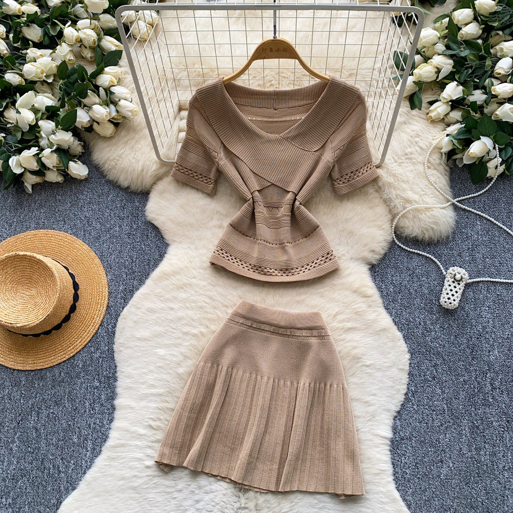 Commuter style pink knittingcut outtwo-piece set women's summer silmv neckcut outtops skirt fashionsuit