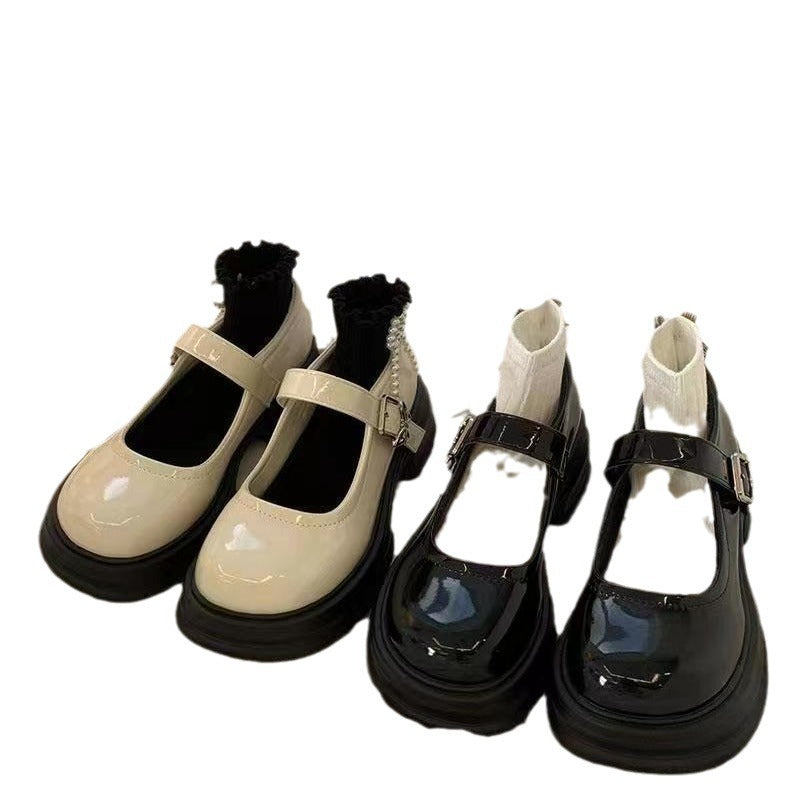 Korean version of black thick heel platform small leather shoes women's 2024 spring new heightening Mary Jane shoes shorty Le high heels