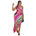 European and american style color block print women's one-shoulder rainbow bodycon dress with asymmetrical neckline - perfect for summer beachwear
