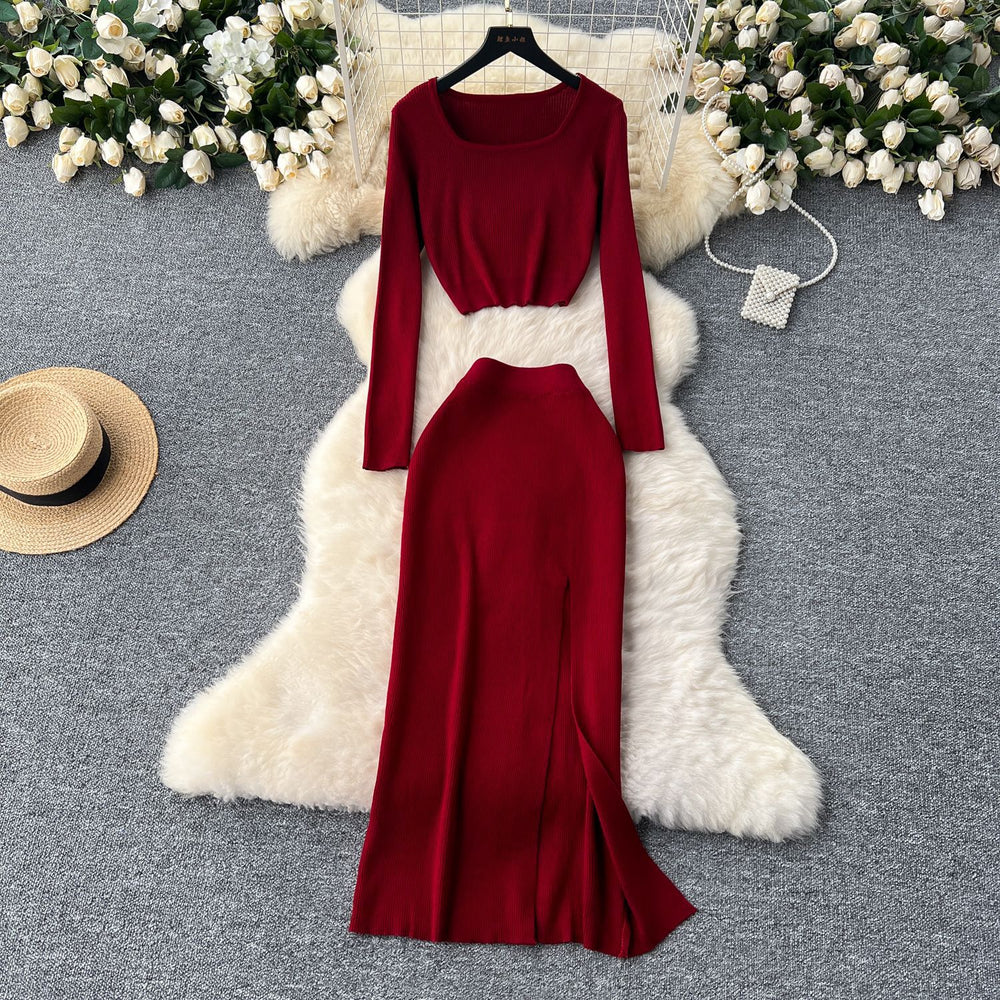 Autumn outfit set: women's chic & sexy short square neck long sleeve knit top with slit slim-fit bodycon midi skirt