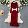Autumn outfit set: women's chic & sexy short square neck long sleeve knit top with slit slim-fit bodycon midi skirt