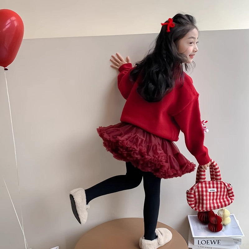 Girls' new year outfit: red sweater, winter knit top, stylish children's sweater,  new year's festive apparel