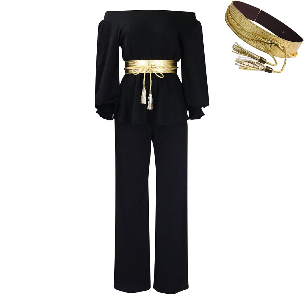 C8535p with belt cross-border women's clothing  one-piece collar long-sleeved top loose wide-leg pants european and american suit