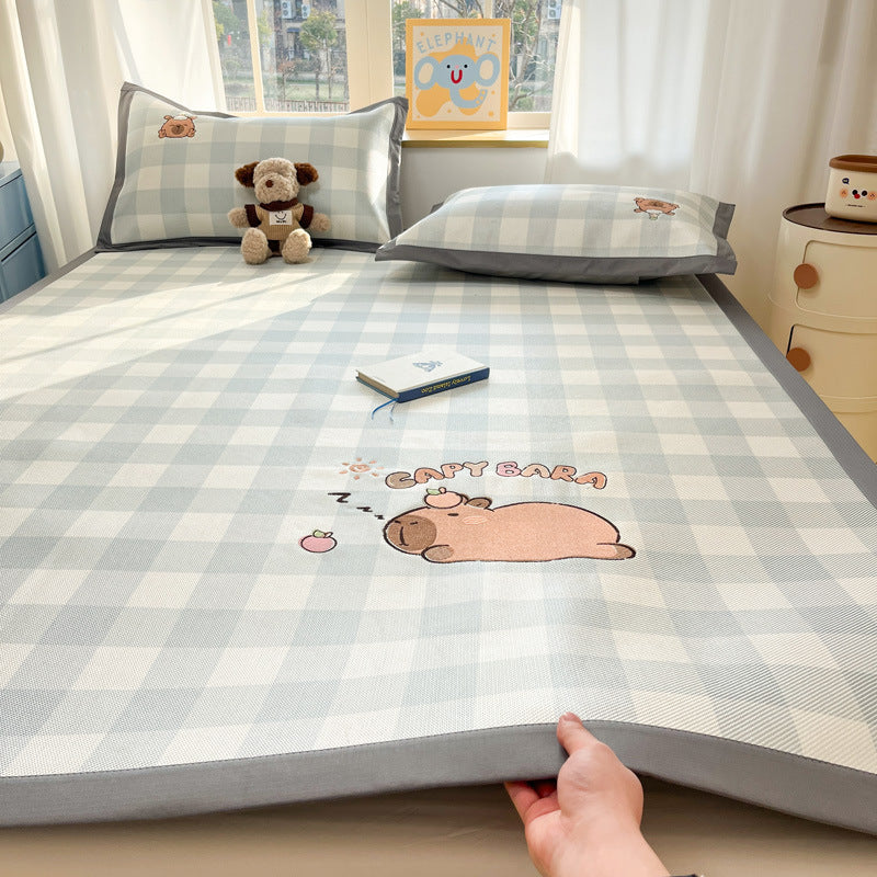 Summer ice rattan mat three-piece cartoon mattress foldable embroidered ice silk mat can sleep naked air conditioner soft mat