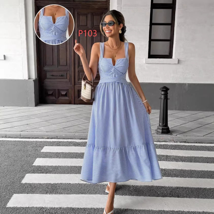Ready-to-ship  summer european and american style women's v-neck striped cami dress for  cross-border e-commerce