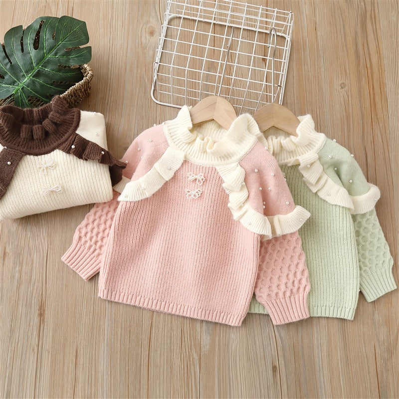 Girlsweater round neck knitting bottom shirt new arrival lace fleece-linedthickened children's clothing fleece-linedheattechtops