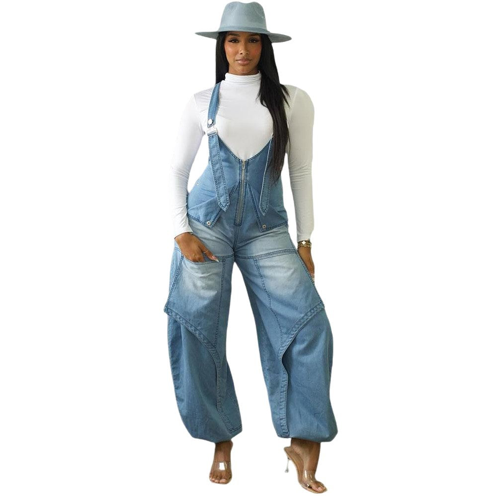 European and american style women's denim overalls -  cross-border autumn/winter women's streetwear casual zip-up wide-leg jumpsuit