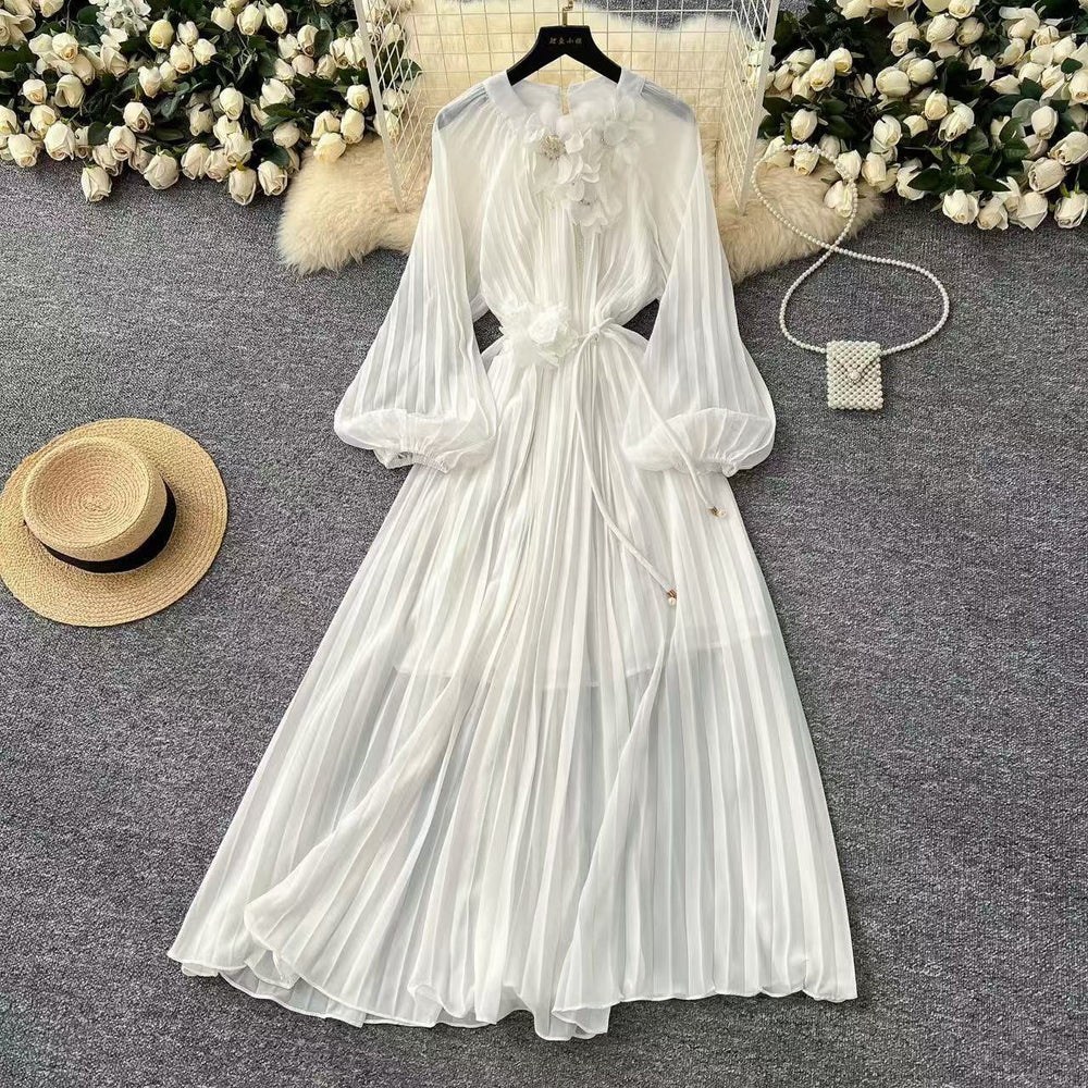 Frenchclassyelegancedress women's heavy industry beading stereo flower strap waist draped large swing pleated long skirt