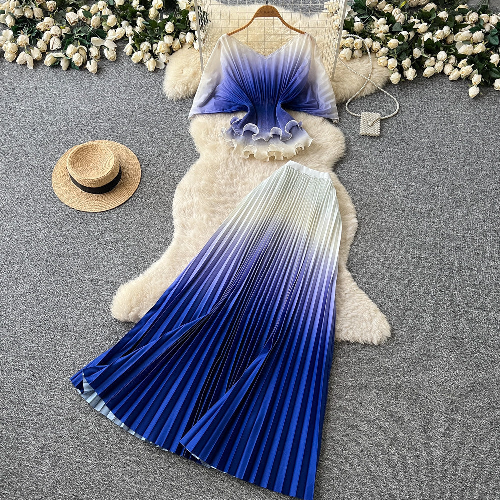 Dopamine dress gradient color pleated silmsuit women's summer waist slimming lookcardigan pleated skirt two-piece set work clothing