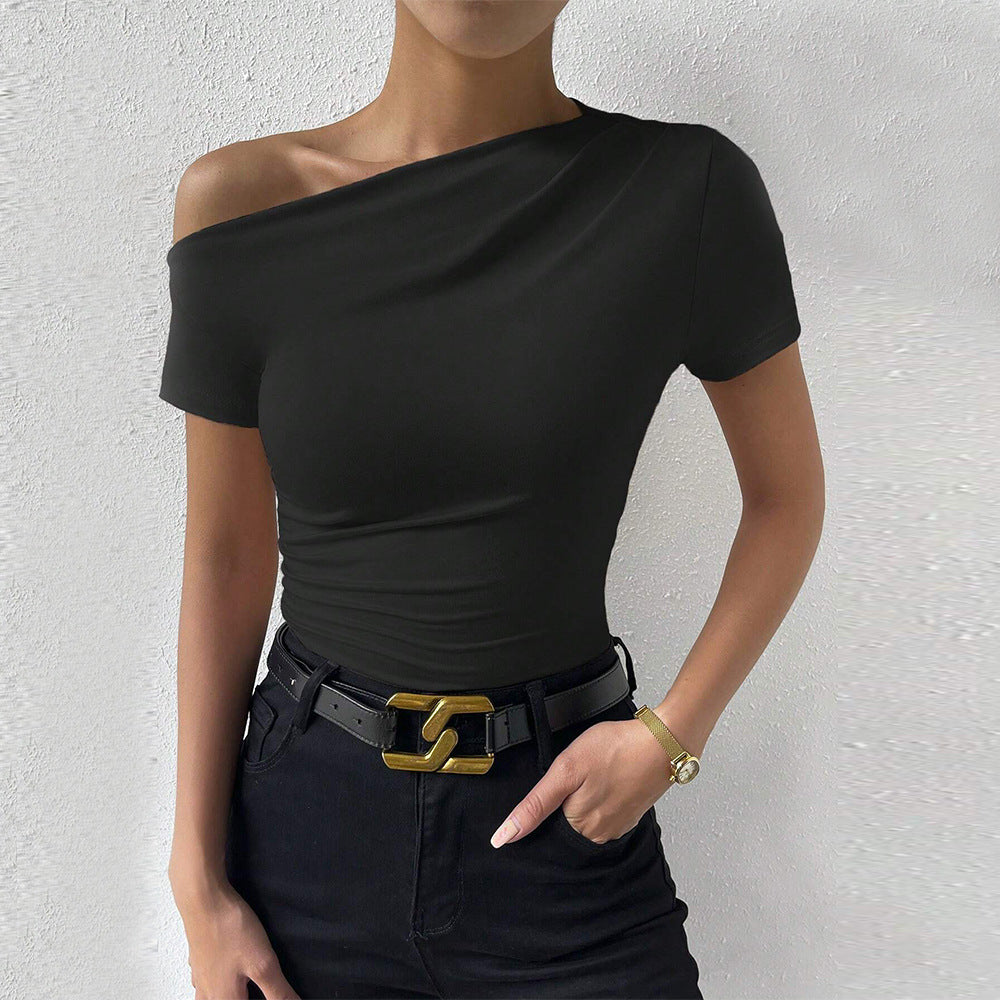 European and American  women's clothing sexy wind diagonal collar design short-sleeved T-shirt summer new slim-fit solid color pullover