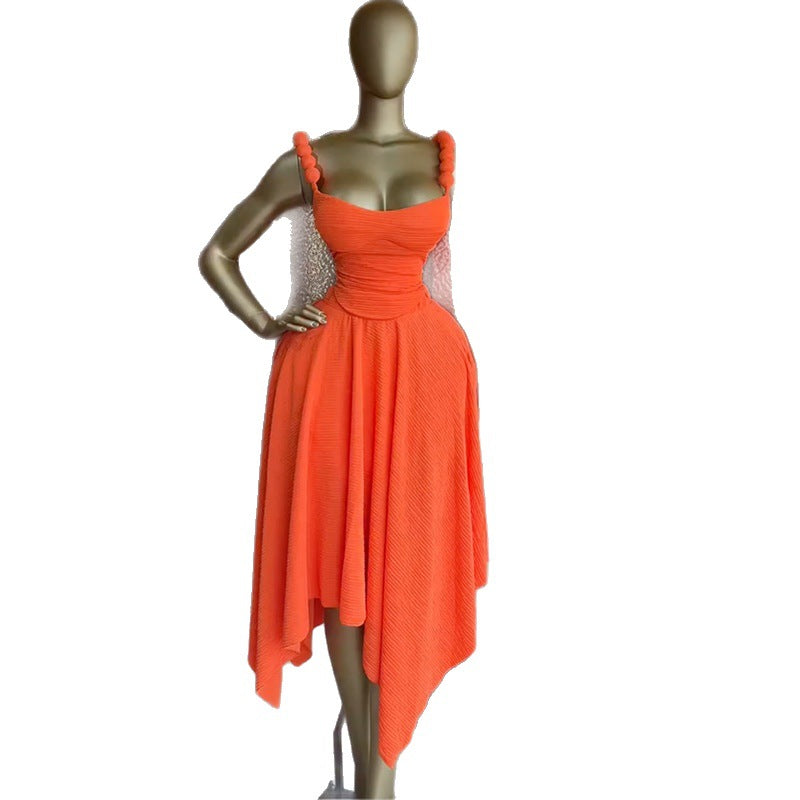European and american cross-border women's fashion:  spring new arrival - elegant designer camisole top and asymmetrical midi skirt set