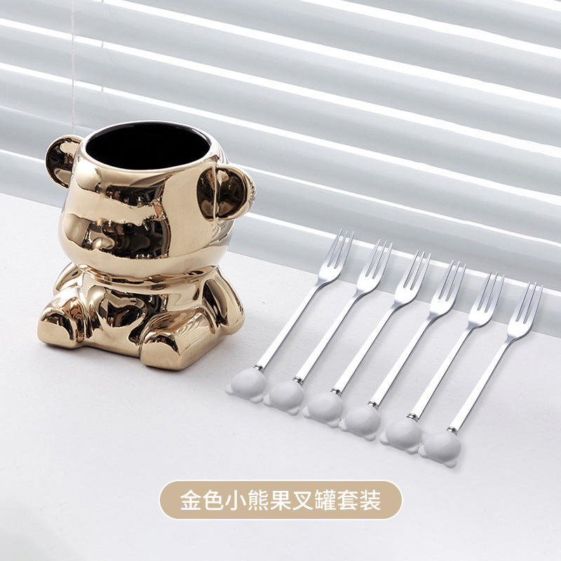 Ceramic bear stainless steel fruit fork set - stylish fruit picks, home use, light luxury forks and spoons, wholesale fruit forks