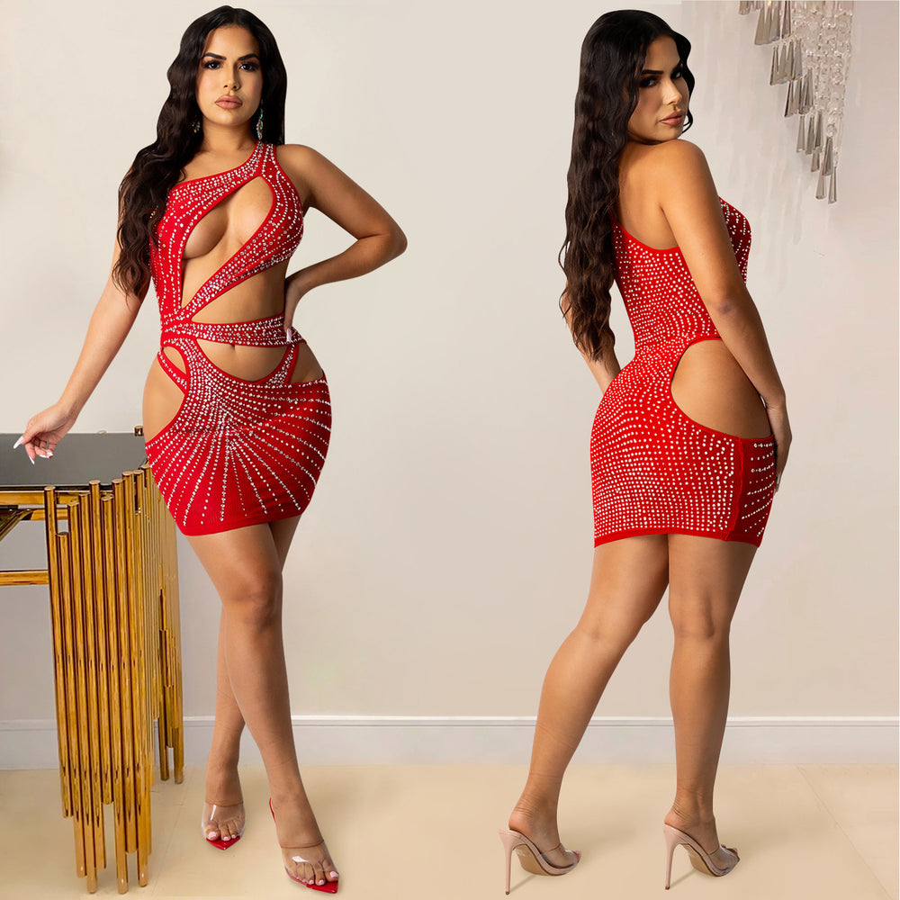X5283 cross-border fashion new product nightclub sexy solid color women's clothing hot diamond mesh one shoulder cut out short skirt dress