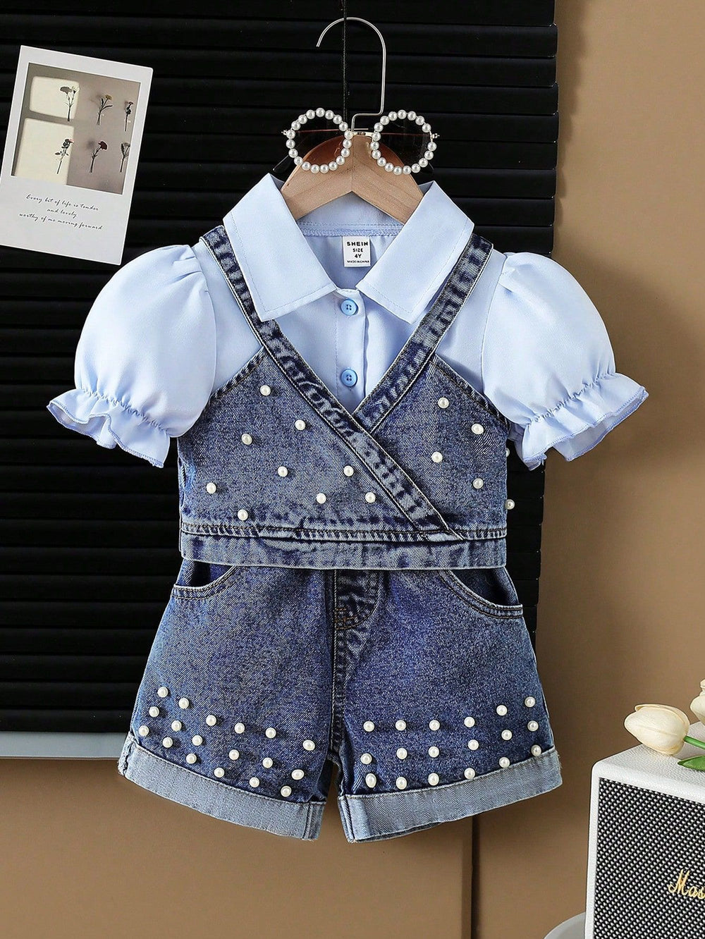 new summer cross-border girls' collared shirt, denim vest, and beaded jeans three-piece set