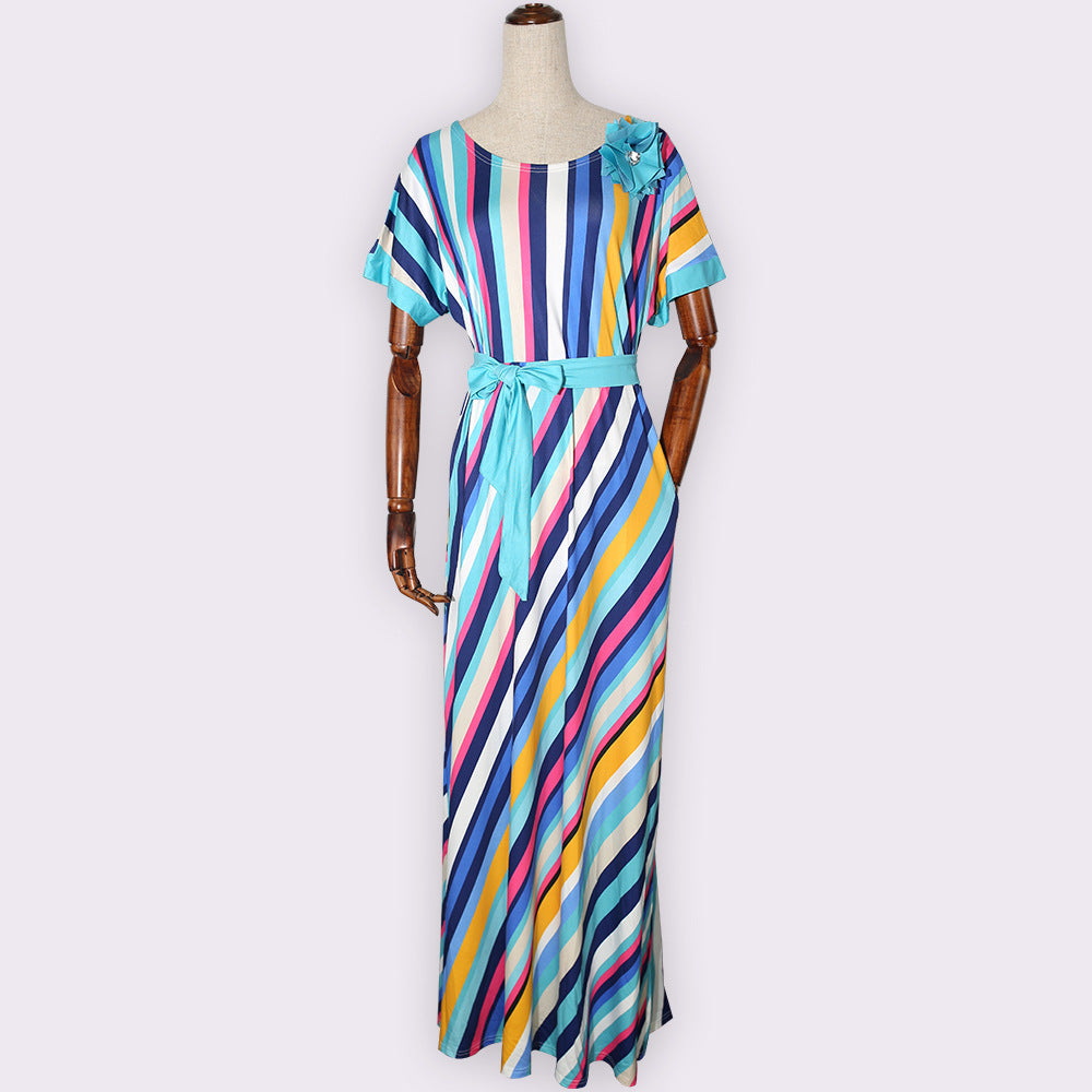 supply   colorful striped belt * floral chest african plus size women's dress