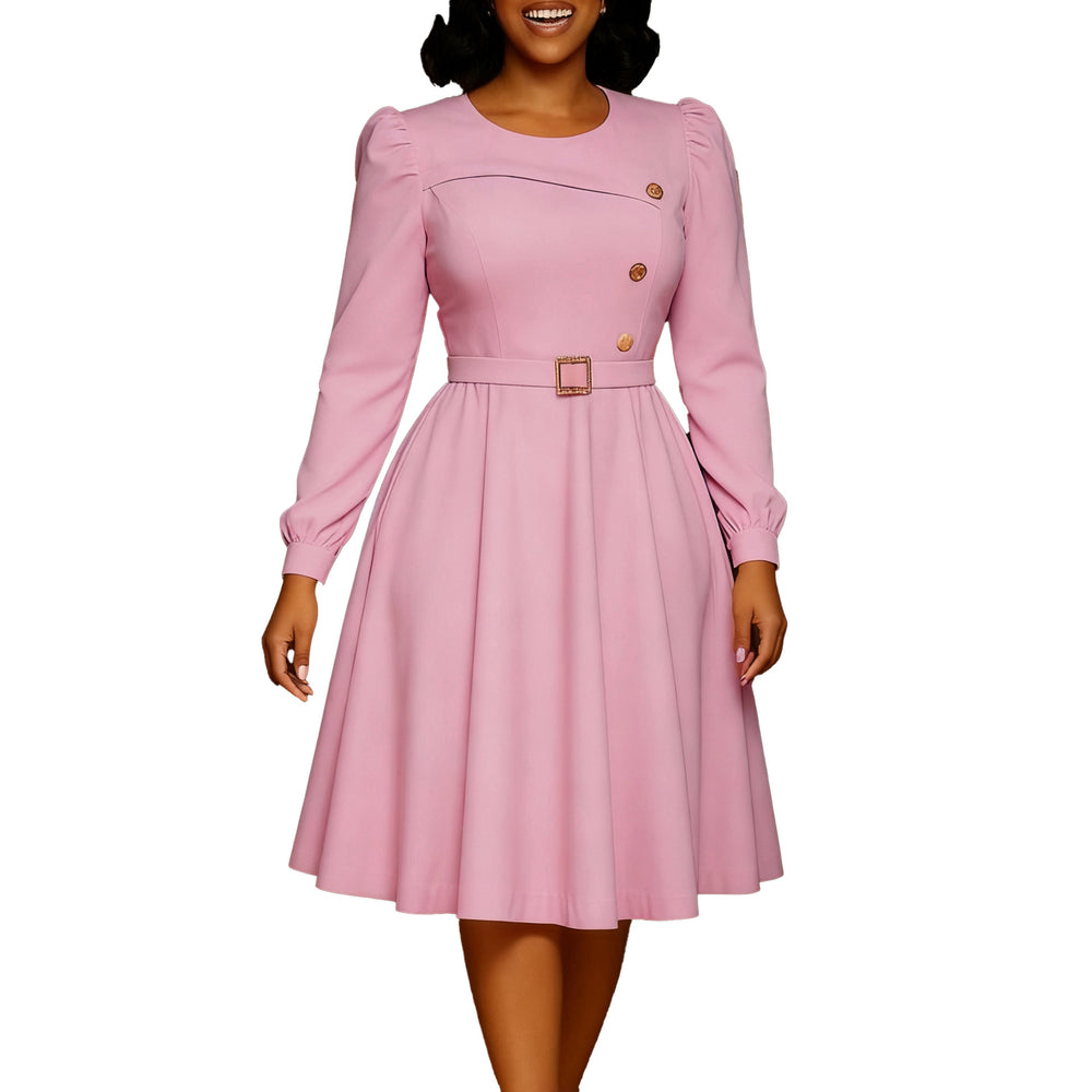 D3349 european and american cross-border new round neck long sleeve high waist a-line dress elegant party solid color foreign trade african dress