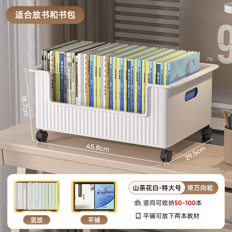 Under-desk book storage box with universal wheels - movable bookcase for students, classroom use, desktop book organizer, bookshelf