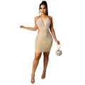 X5251 cross-border fashion new product nightclub sexy hot diamond mesh see-through solid color suspender v-neck women's dress