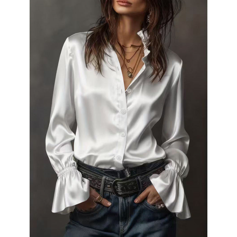 new arrival: solid color wale satin long sleeve blouse