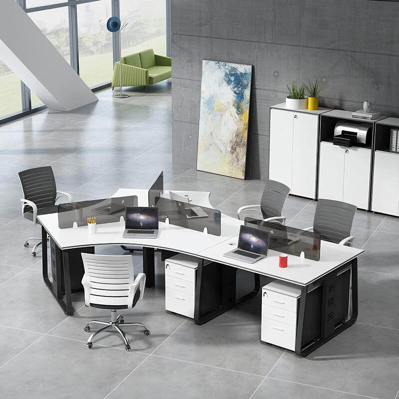 Office desk set for employees - modern minimalist design - includes desk, chair, and computer accessories