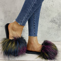 Women's faux fox fur slippers - new autumn/winter collection - warm, flat-heeled cotton slides for indoor/outdoor wear