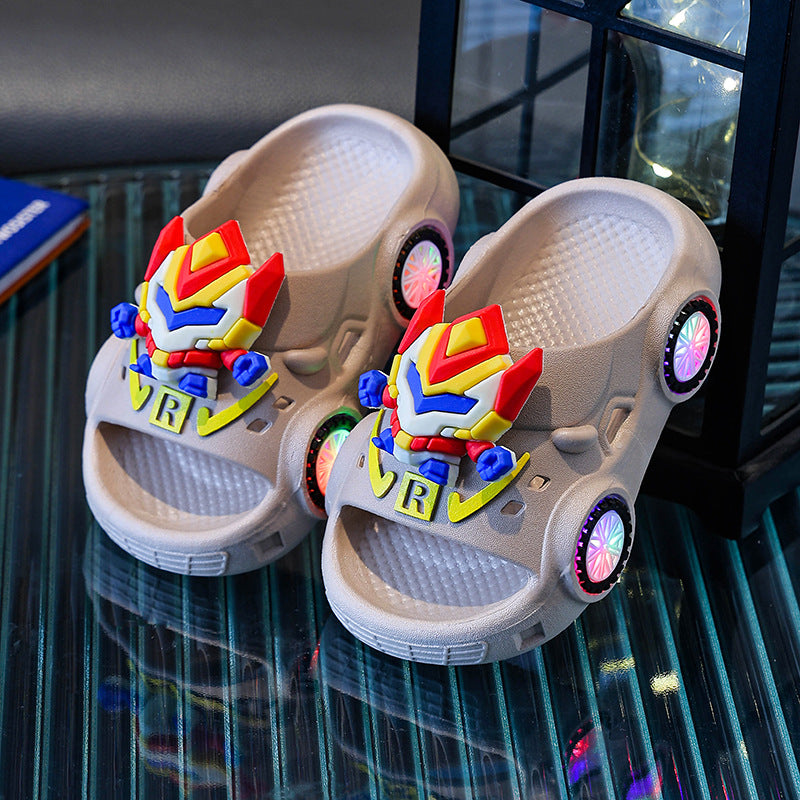 Shiny light-up slippers - kids' cartoon anti-slip slides - boys' home superhero soft sole baby summer slippers