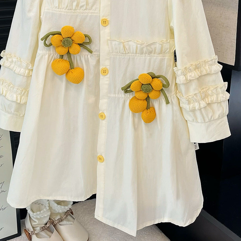Girls' spring/autumn new collection: mid-length shirt dress - spring outfit with puff sleeves, 3d sunflower appliqué, princess style, trendy kids' fashion