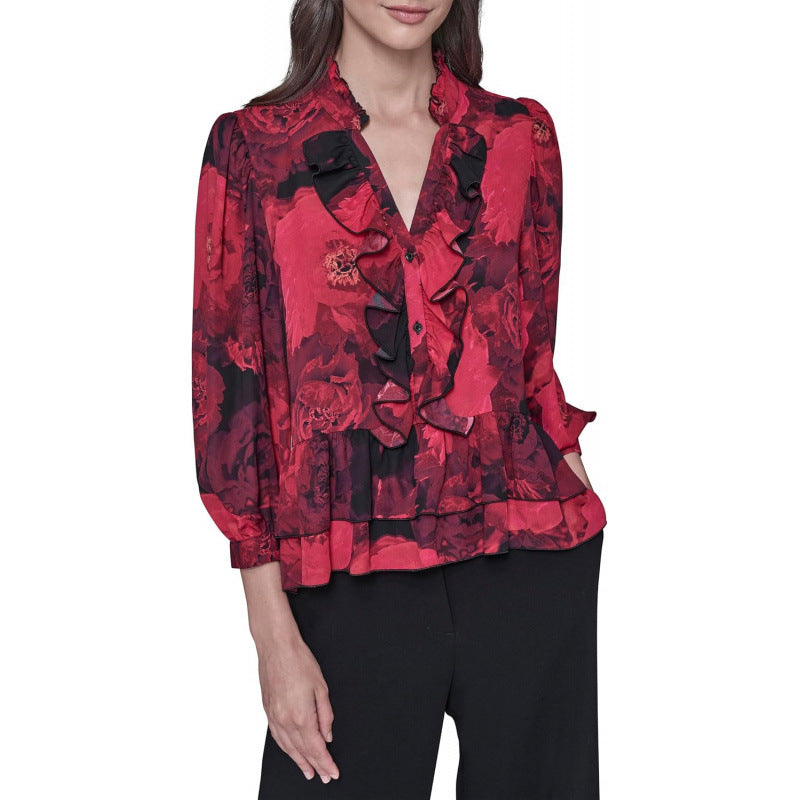 Amazon fashion pure desire v neckprintinglong sleevesshirt women's  spring new arrivalrufflestops women
