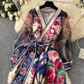 European and american court style vintage v-neck mesh lantern sleeve tie-waist design maxi printed dress