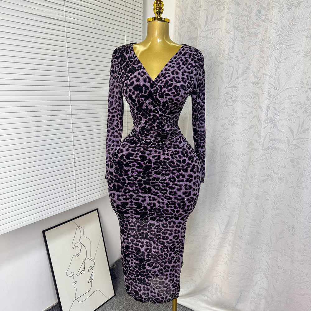 sexyelegance cross v neck leopard print printingdress rhinestone silm hip slit long skirt women's dress