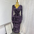 sexyelegance cross v neck leopard print printingdress rhinestone silm hip slit long skirt women's dress