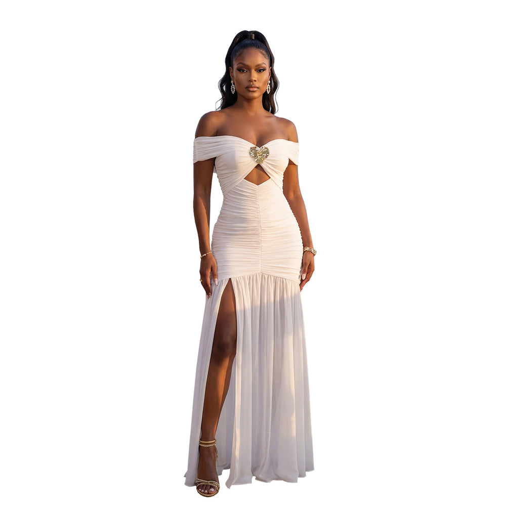 C7661 cross-border   fashion women's sexy off-the-shoulder high slit bandeau dress