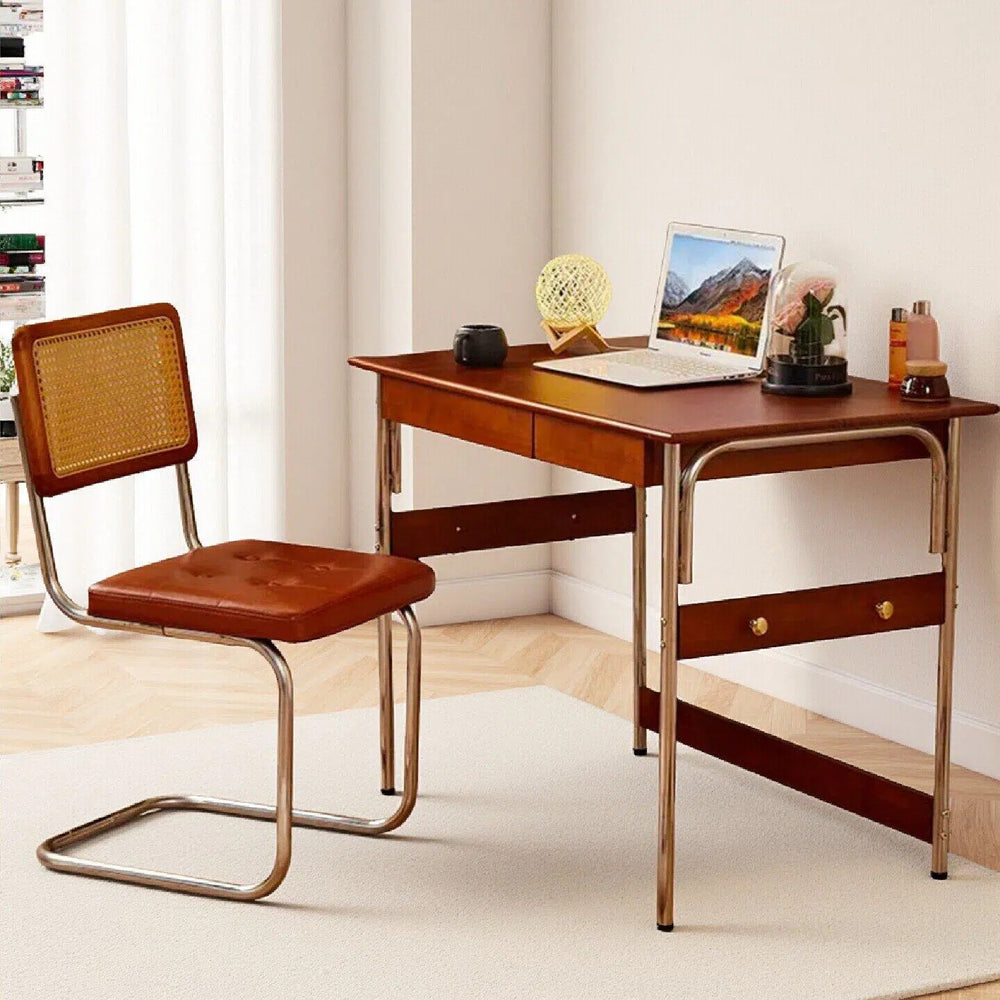Vintage solid wood desk - mid-century style study writing table - home desktop computer office desk - living room workstation with drawers