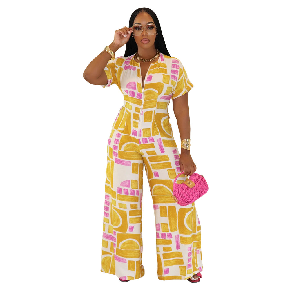 C7468 cross-border   fashion women's summer casual printed short-sleeve jumpsuit