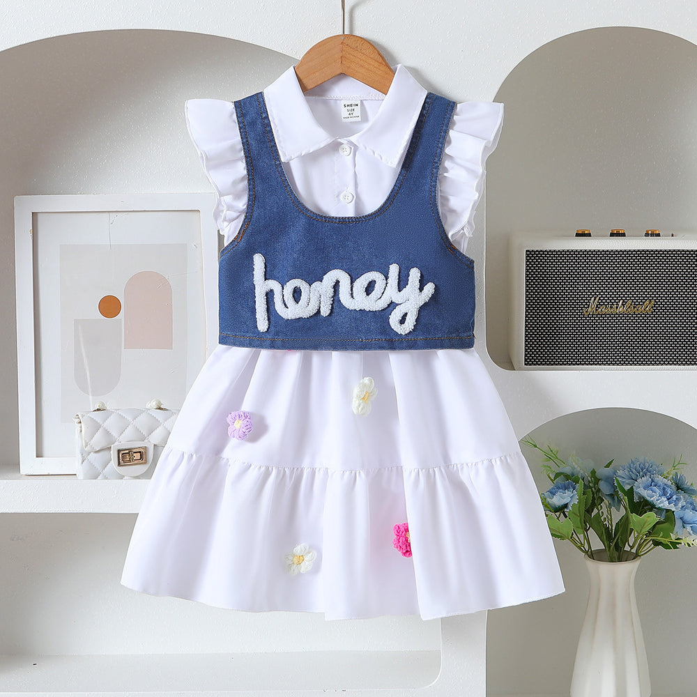 Girl denim two-piece setsummerpopular baby outweareasiest for matchcasual suspender suit skirt sleeveless tweed style