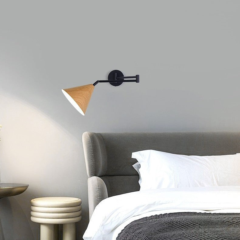 Wall lamp simple Nordic wood grain rocker arm lamp Japanese living room bedroom retractable displacement folding bedside reading lamp