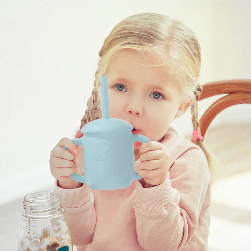 Customized  children's binaural straw cup, silicone water cup, cartoon snack cup, baby learning drink cup, feeding complementary food cup