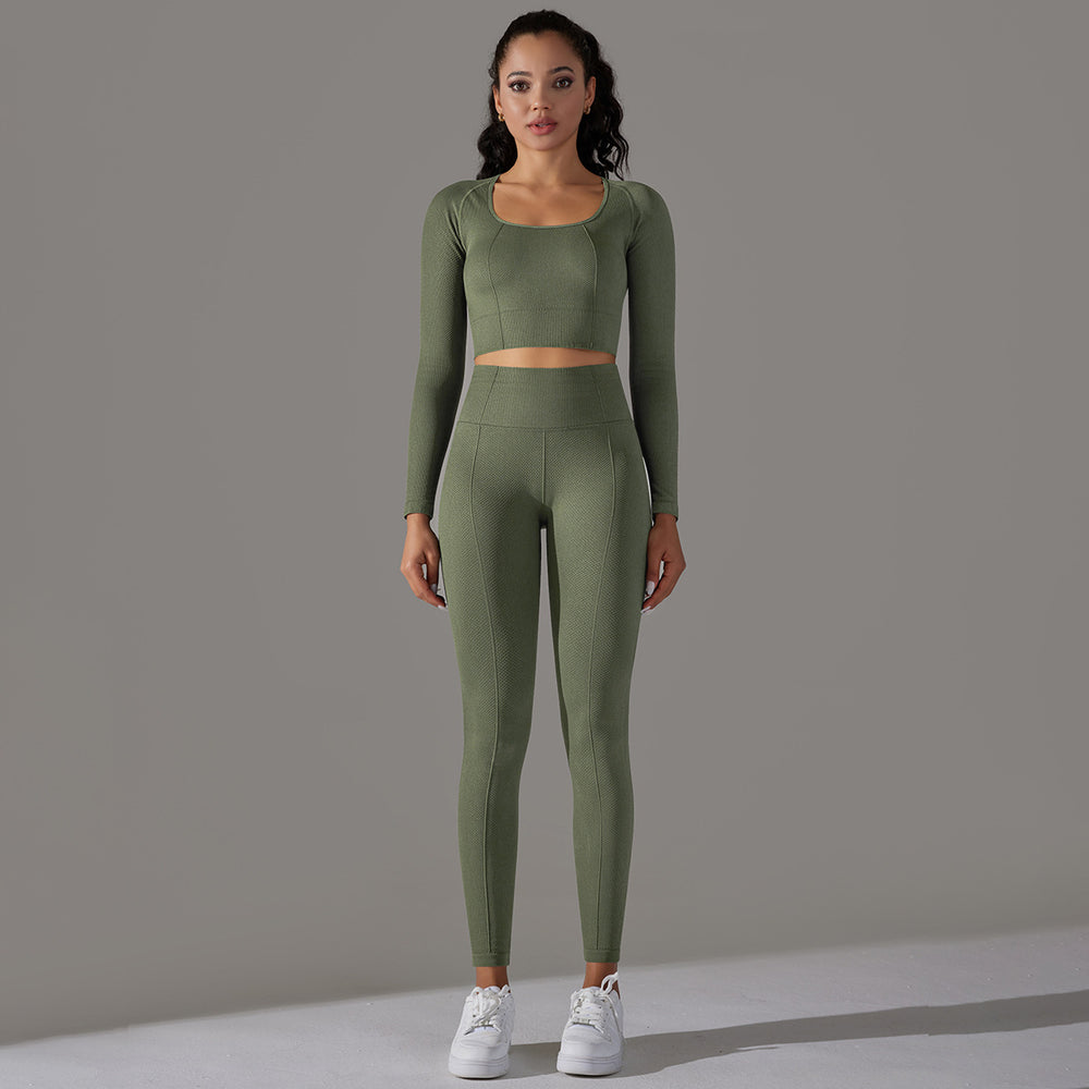 fashion seamless knittingpure color jacquard low-cut tight long sleeves yoga suit sports fitness two-piece set