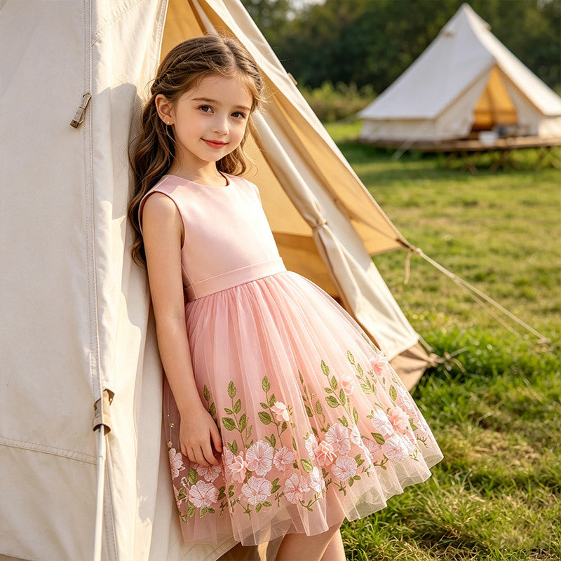Girls' summer dress  new style tank dress children's heavily embroidered butterfly floral princess dress summer cross-border