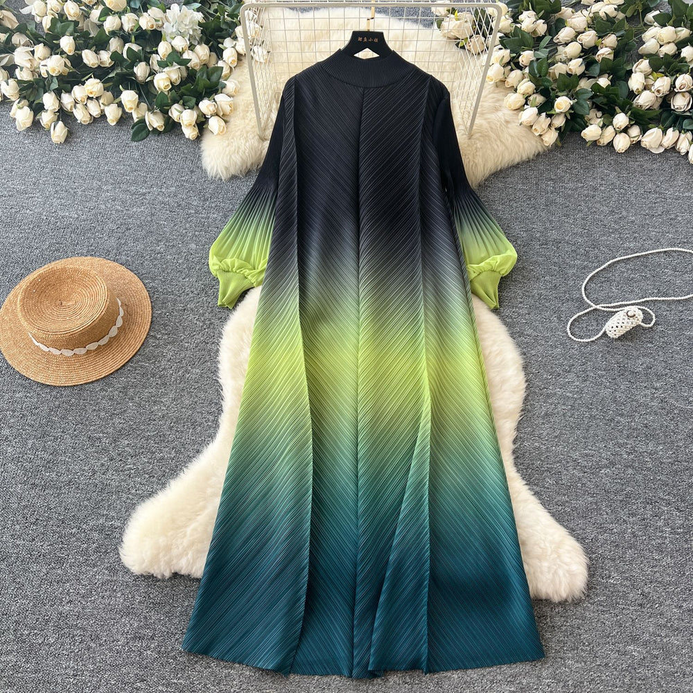 fashion gradient lantern sleeve pleated dress - women's spring/autumn loose a-line maxi dress