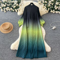 fashion gradient lantern sleeve pleated dress - women's spring/autumn loose a-line maxi dress