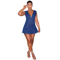 European and american style deep v dress,  cross-border women's summer fashion sexy pleated stretch denim skirt