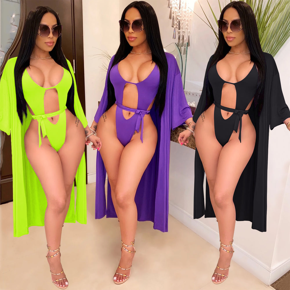 H3378 in stock special offer non-refundable and non-exchangeable european and american women's clothing pure colorsexy bikini one-piece swimsuit + jacket