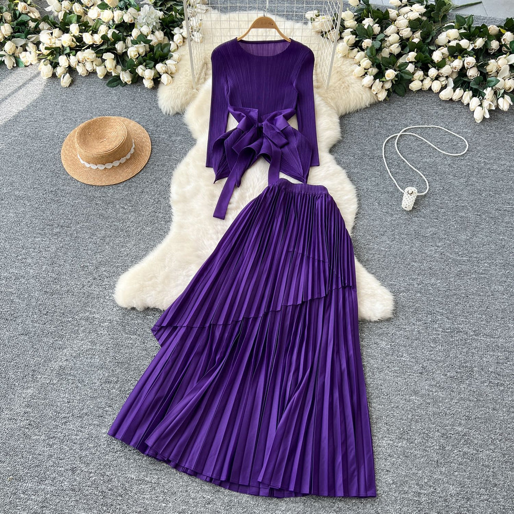 fashion style miyake pleated tie back waist asymmetrical hem pleated tops pleated skirt suit for women