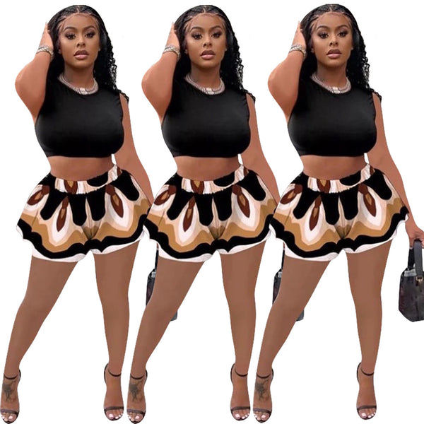 YD8591-B7 special products are non-refundable and non-exchangeable European and American women's clothing, fashionable and sexy waist printing two-piece set