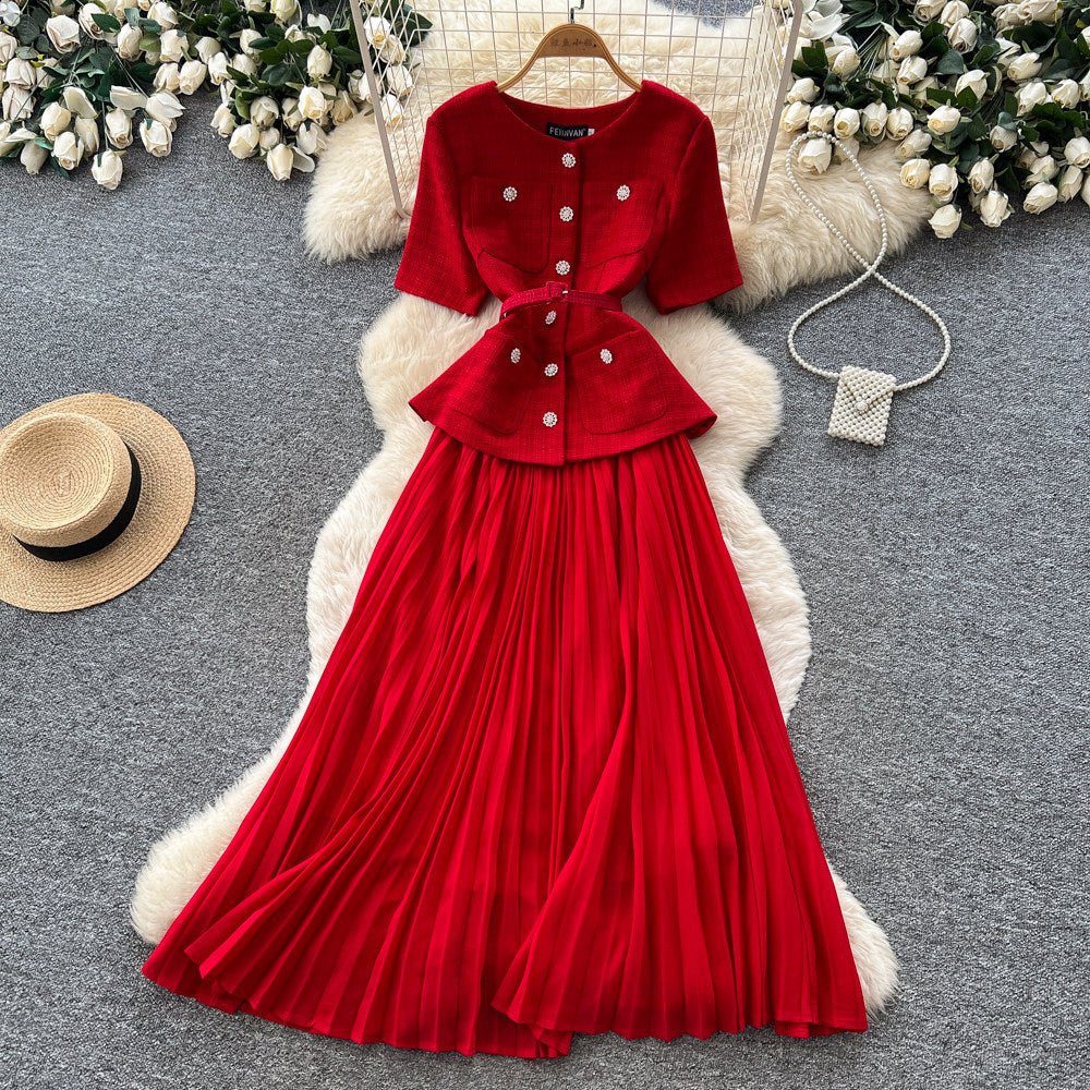 Xiaoxiangfeng pink a-line heavy industry pleateddress women's summer short-sleeved high waist waist pleated long skirtaccessible luxuryelegant